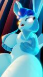 3d_(artwork) 4k 9:16 abstract_background absurd_res anthro areola big_breasts bikini bikini_top biped blender_(software) blender_cycles blue_body blue_hair breasts clothing covered_nipples digital_media_(artwork) eeveelution female fever-dreamer fur generation_4_pokemon glaceon glowing glowing_eyes hair hands_under_breasts hi_res holding_breast long_ears looking_at_viewer looking_down mammal multicolored_body multicolored_fur nintendo nude open_mouth paws pokemon pokemon_(species) smile smiling_at_viewer solo swimwear tail two_tone_body two_tone_fur xaz3d