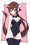  1girl absurdres aile_(mega_man_zx) bare_shoulders black_bow black_bowtie black_leotard black_thighhighs bow bowtie breasts brown_hair buzzlyears collarbone green_eyes highres leotard long_hair medium_breasts mega_man_(series) mega_man_zx solo thighhighs 