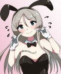  1girl @_@ alternate_costume ame-rain animal_ears bare_shoulders black_bow black_bowtie blush bow bowtie commentary_request detached_collar fake_animal_ears finger_to_cheek gloves gradient_background green_eyes grey_hair hair_between_eyes highres javelin_(kancolle) kantai_collection long_hair looking_at_viewer partial_commentary pink_background playboy_bunny rabbit_ears simple_background smile solo twitter_username white_gloves wing_collar 