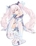  1girl animal_ears animal_slippers azur_lane blue_hairband blue_ribbon bunny_slippers chaosexceed crossed_bangs dress fake_animal_ears hair_ornament hair_ribbon hairband highres laffey_(azur_lane) laffey_ii_(azur_lane) long_hair long_sleeves looking_at_viewer parted_lips rabbit_ears rabbit_hair_ornament red_eyes ribbon simple_background sitting sleeves_past_wrists slippers solo thighhighs very_long_hair white_background white_dress white_footwear white_hair white_thighhighs 