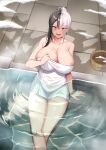  1girl breasts cleavage crossed_legs ear_piercing eyes_visible_through_hair gyaru highres indie_virtual_youtuber large_breasts long_hair looking_at_viewer lu_ke_ge_ge mole mole_on_breast multicolored_hair naked_towel nude onsen piercing red_eyes tan towa_(towa_akqj10) towel white_nails 