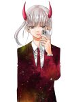  1girl black_suit blunt_bangs brown_eyes cosmos_(tamura_ryuuhei) formal grey_hair highres holding holding_phone homura_rin_(cosmos) horns long_hair long_sleeves looking_at_viewer non-web_source official_art phone red_horns shirt solo suit tamura_ryuuhei twintails upper_body white_background white_shirt 