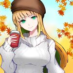  1girl aran_sweater autumn_leaves beret blonde_hair blurry blurry_background breasts brown_headwear cable_knit choppy_bangs closed_mouth colored_inner_hair cup disposable_cup green_eyes green_hair grey_sweater hand_up hat highres hizaki_gamma_(artist) holding holding_cup large_breasts leaf long_sleeves looking_at_viewer maple_leaf multicolored_hair nail_polish orange_nails original sidelocks smile solo straight-on sweater turtleneck upper_body 