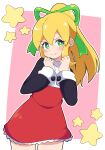  1girl absurdres blonde_hair blush buzzlyears closed_mouth green_eyes green_ribbon hair_ribbon highres long_hair long_sleeves looking_at_viewer mega_man_(classic) mega_man_(series) ponytail ribbon roll_(mega_man) smile solo 