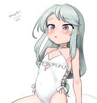  absurdres asymmetrical_bangs casual_one-piece_swimsuit criss-cross_halter cross-laced_clothes dated flower frilled_one-piece_swimsuit frills grey_hair hair_flower hair_ornament hairband halterneck head_wreath highleg highleg_swimsuit highres kantai_collection long_hair maru_(marg0613) official_alternate_costume one-piece_swimsuit out-of-frame_censoring purple_eyes sagiri_(kancolle) side-tie_swimsuit simple_background sitting swept_bangs swimsuit twitter_username white_background white_one-piece_swimsuit 