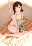  absurdres beach beach_towel bikini black_hair breasts chainsaw_man character_doll hair_ornament hairclip higashiyama_kobeni highres medium_breasts parted_lips raneblu red_eyes sitting swimsuit towel violence_fiend_(chainsaw_man) yellow_bikini yokozuwari 