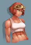  abs bare_shoulders blue_background breasts commentary dark_skin goggles goggles_on_head green_eyes koutetsujou_no_kabaneri lips medium_breasts midriff muscle muscular_female navel nose red_hair short_hair solo sports_bra tan tomboy upper_body whistle_frog yukina_(kabaneri) 