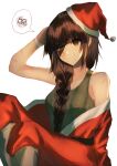  1girl brown_eyes brown_hair closed_mouth coat eyepatch girls&#039;_frontline green_shirt highres m16a1_(girls&#039;_frontline) merry_christmas red_coat red_headwear scar shirt simple_background smile thinking xanax025 