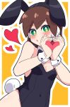  1girl absurdres aile_(mega_man_zx) animal_ears black_leotard blush breasts brown_hair buzzlyears covered_navel fake_animal_ears fake_tail green_eyes heart heart_hands highres leotard looking_at_viewer mega_man_(series) mega_man_zx parted_lips playboy_bunny rabbit_ears rabbit_tail short_hair small_breasts solo tail 