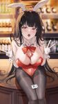  1girl :o absurdres animal_ears bar_(place) black_hair black_pantyhose blue_archive blurry blurry_background blush breasts cleavage detached_collar double_v fake_animal_ears feet_out_of_frame gloves hair_ornament hairpin halo highres kind1516 large_breasts leotard long_hair looking_at_viewer open_mouth pantyhose red_eyes red_leotard revision rio_(blue_archive) sitting solo strapless strapless_leotard v white_gloves 
