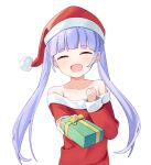  1girl blush box closed_eyes foreshortening gift gift_box haru_(konomi_150) hat highres holding holding_gift long_hair long_sleeves new_game! off_shoulder open_mouth pom_pom_(clothes) purple_eyes purple_hair red_headwear santa_costume santa_hat simple_background smile solo suzukaze_aoba twintails upper_body white_background 