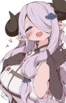  1girl amakara_surume bare_shoulders black_gloves blue_eyes blush braid breasts draph elbow_gloves gloves granblue_fantasy hair_ornament hair_over_one_eye highres horns large_breasts long_hair looking_at_viewer narmaya_(granblue_fantasy) open_mouth pointy_ears purple_hair shirt sideboob smile solo very_long_hair white_shirt 