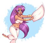 barefoot blue_eyes breasts brown_body brown_skin clothing dojipan ear_piercing ear_ring feet female genie hair humanoid humanoid_pointy_ears long_hair navel not_furry open_mouth pajamas piercing pillow purple_hair ring_piercing shantae shantae_(series) simple_background solo wayforward