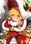  1girl adapted_costume bell black_gloves blonde_hair blush bow braid brown_eyes christmas cowboy_shot double-parted_bangs dress elbow_gloves eyelashes gloves grin hair_between_eyes hair_bow hands_up hat highres kirisame_marisa long_hair looking_at_viewer neck_bell red_bow santa_capelet santa_costume santa_dress santa_hat single_braid smile solo standing star_(symbol) touhou twitter_username uchisaki_himari upturned_eyes v-shaped_eyebrows very_long_hair 