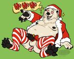 anthro anus balls bear bell belly black_penis bodily_fluids bow_(decoration) candy_cane_in_ass christmas christmas_clothing christmas_headwear clothing costume cross-eyed drooling erection genitals green_background hat headgear headwear hi_res holidays humanoid_genitalia humanoid_penis hypnosis jingle_bell legwear male mammal marsh_(polarmarsh) mind_control navel nipples open_mouth open_smile overweight overweight_male penis polar_bear ringed_eyes saliva santa_costume santa_hat simple_background skdaffle smile solo speech_bubble stockings ursine