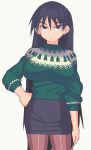 1girl azumanga_daioh black_eyes black_hair black_skirt breasts christmas_sweater closed_mouth expressionless hand_on_own_hip highres inkerton-kun large_breasts long_hair sakaki_(azumanga_daioh) skirt solo tsurime very_long_hair white_background 