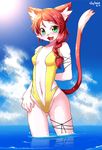  2016 anthro blush braided_hair breasts clothed clothing cloud day english_text feline female fur green_eyes hair hi_res long_hair looking_at_viewer mammal navel one-piece_swimsuit open_mouth outside pink_fur pink_nose raised_tail red_fur red_hair signature sky skykain small_breasts smile solo swimsuit teeth text tongue water white_fur 
