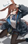  1girl absurdres amiya_(arknights) animal_ears arknights arm_between_legs arm_up ascot black_jacket black_pantyhose blue_ascot blue_collar blue_eyes blue_skirt brown_hair character_name checkered_floor chichi_guai collar commentary_request full_body highres hood hood_down hooded_jacket jacket jewelry long_hair long_sleeves looking_at_viewer multiple_rings on_ground open_clothes open_jacket open_mouth pantyhose plaid plaid_skirt rabbit_ears rabbit_girl ring shirt single_bare_shoulder sitting skirt sleeveless sleeveless_shirt smile solo thumb_ring very_long_hair wariza 