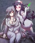  2girls alternate_costume black_hair crop_top danganronpa_(series) danganronpa_2:_goodbye_despair dress glasses hat jacket long_hair long_sleeves multiple_girls nurse nurse_cap pants pekoyama_peko purple_hair red_eyes sword syringe tagme tsumiki_mikan weapon white_dress white_pants wooden_sword zi_huahuo 