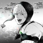  1boy adam&#039;s_apple amane_(yukiango69) blush cloud donquixote_rocinante greyscale hat highres long_sleeves looking_at_viewer male_focus monochrome one_piece open_mouth outdoors short_hair signature solo teeth upper_body water 