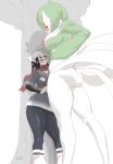  2girls akari_(pokemon) artist_name ass black_hair blush breasts eye_contact gardevoir height_difference highres kabedon large_breasts long_hair looking_at_another monster_girl multiple_girls partially_colored plasmid pokemon pokemon_legends:_arceus red_eyes scarf smile thick_thighs thighs tree yuri 