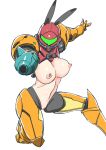  1girl aiming aiming_at_viewer animal_ears arm_cannon armor armored_boots black_bow black_bowtie boots bow bowtie breasts fake_animal_ears full_body helmet large_breasts looking_at_viewer metroid navel nipples nude rabbit_ears samus_aran shoulder_armor simple_background solo stomach tibonobannsann weapon white_background 