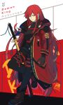  1girl alternate_costume bad_id bad_twitter_id belt black_footwear english_text family_crest fate/grand_order fate_(series) highres jacket katana long_hair long_sleeves looking_at_viewer oda_nobukatsu_(fate) oda_nobunaga_(fate) oda_nobunaga_(maou_avenger)_(fate) oda_uri red_eyes red_hair red_jacket shoes solo sword taku_(takuqx) very_long_hair weapon 