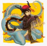  1boy absurdres animal_ear_fluff animal_ears animal_feet antlers antlers_through_headwear bead_necklace beads blonde_hair blue_scales braid braided_ponytail braided_tail brown_hair claws digitigrade dragon_boy dragon_tail fang frilled_sleeves frills full_body fur-tipped_tail hair_between_eyes hands_up hat hifuteki highres jewelry jiangshi_costume long_hair looking_at_viewer male_focus mandarin_collar monster_boy multicolored_hair necklace ofuda ofuda_on_head open_mouth original otoko_no_ko qingdai_guanmao scales simple_background sleeves_past_fingers sleeves_past_wrists slit_pupils solo streaked_hair tabard tail tsurime very_long_hair very_long_sleeves very_long_tail yellow_background yellow_eyes 