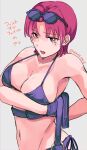  1girl bare_arms bazett_fraga_mcremitz bikini blush breasts cleavage collarbone eyewear_on_head fate/hollow_ataraxia fate_(series) grey_background highres large_breasts mole mole_under_eye navel open_mouth purple_bikini red_eyes red_hair short_hair sketch solo strap_gap sunglasses swimsuit twitter_username upper_body xxxxay 