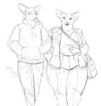 2021 anthro bottomwear cettus clothed clothing domestic_cat duo eye_contact felid feline felis female front_view fully_clothed hairless hairless_cat hakon_brandvold hand_in_pocket hands_in_both_pockets hoodie jacket jewelry jumper looking_at_another male mammal monochrome necklace overweight overweight_anthro overweight_female pants peterbald pockets purse shirt sigfrid_brandvold sketch topwear walking wide_hips