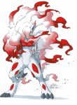 absurd_res akabane_jin ambiguous_gender anthro claws fur hi_res hisuian_form hisuian_zoroark looking_at_viewer multicolored_ears nintendo one_eye_obstructed pokemon pokemon_(species) red_body red_fur regional_form_(pokemon) signature simple_background solo standing tuft white_body white_fur yellow_sclera