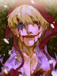  1boy blonde_hair blood blood_on_clothes blood_on_face coat collared_shirt death donquixote_rocinante empty_eyes from_above highres lying makeup male_focus on_back one_piece pectoral_cleavage pectorals pink_shirt red_eyes shirt short_hair snowing solo upper_body vasan5555 
