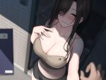  1girl bare_shoulders black_shorts blush breasts brown_eyes brown_hair camisole cleavage collarbone grey_camisole hair_over_one_eye hayabusa large_breasts long_hair looking_at_viewer navel original shorts sidelocks smile solo_focus 