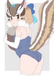  1girl absurdres acorn animal_ears bare_shoulders brown_eyes brown_hair chipmunk_ears chipmunk_girl chipmunk_tail elbow_gloves extra_ears gloves grey_background highres kemono_friends kemono_friends_v_project kumasyan1998 looking_at_viewer looking_back ribbon scarf short_hair siberian_chipmunk_(kemono_friends) simple_background solo swimsuit tail thighhighs virtual_youtuber 