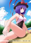  1girl armpits bare_shoulders black_headwear blue_sky bow breasts cloud commission dutch_angle exercise floor hand_on_floor hat hat_bow kousei_(public_planet) nagae_iku one-piece_swimsuit outdoors pool purple_hair red_bow red_eyes short_hair sitting skeb_commission sky smile solo swimsuit thighs touhou two-tone_one-piece_swimsuit 