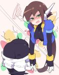 1girl @_@ absurdres aile_(mega_man_zx) ass black_bodysuit blue_jacket blush bodysuit breasts brown_hair buzzlyears cropped_jacket green_eyes highres jacket large_breasts long_hair looking_at_viewer mega_man_(series) mega_man_zx open_mouth short_sleeves shorts solo through_wall white_shorts 