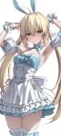  1girl absurdres animal_ears apron armpits arms_up artoria_caster_(swimsuit)_(fate) artoria_caster_(swimsuit)_(second_ascension)_(fate) bare_shoulders blonde_hair blue_dress blush breasts cleavage closed_mouth commentary_request detached_sleeves dress fake_animal_ears fate/grand_order fate_(series) frilled_apron frills green_eyes hair_between_eyes highres kawai_ritsu_(rits_meg) long_hair looking_at_viewer maid_apron medium_breasts puffy_sleeves rabbit_ears simple_background sleeveless sleeveless_dress solo sweat thighhighs twintails waist_apron white_background white_thighhighs wrist_cuffs zettai_ryouiki 