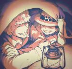  2boys adam&#039;s_apple aged_down amane_(yukiango69) blanket closed_eyes collarbone collared_shirt donquixote_rocinante facing_another fingernails grin hand_on_own_arm hat highres lantern long_sleeves male_focus multiple_boys one_piece shirt short_hair signature smile trafalgar_law under_covers 