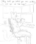 2022 anthro belt bottomwear burger cettus chair clothed clothing computer computer_keyboard computer_mouse cougar desk dialogue dress_shirt electronics felid feline food fully_clothed furniture holding_burger holding_food holding_object male mammal monitor office office_chair on_chair pants sad shirt side_view sitting sitting_on_chair sketch solo speech_bubble table tail topwear