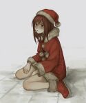  1girl brown_hair christmas cigarette flcl floor hair_between_eyes hat highres kneeling monlopolo on_floor red_footwear samejima_mamimi santa_costume santa_hat simple_background solo white_background 