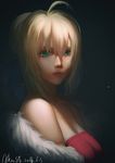  2016 absurdres ahoge artist_name artoria_pendragon_(all) baliu black_background blonde_hair breasts cleavage closed_mouth collarbone dated dress fate/stay_night fate_(series) fur_trim green_eyes highres lips looking_at_viewer medium_breasts nose red_dress red_lips saber shawl short_hair solo strapless strapless_dress upper_body 