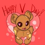 &lt;3 &lt;3_eyes 1:1 animate_inanimate anthro bear big_breasts breasts brown_body brown_fur brown_sclera female fur holidays living_plushie looking_at_viewer mammal open_mouth open_smile phrenpai pink_background pink_eyes plushie sew_(phrenpai) simple_background smile solo text valentine&#039;s_day