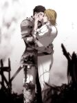  2boys armor arms_around_waist blonde_hair blood blood_on_clothes blurry blurry_foreground brown_hair closed_eyes couple dion_lesage earrings feet_out_of_frame final_fantasy final_fantasy_xvi hands_on_another&#039;s_face highres jewelry looking_at_another male_focus medium_hair megubiru metal_gloves multiple_boys pants puffy_sleeves shirt short_hair shoulder_armor swept_bangs terrence_(ff16) white_pants white_shirt yaoi 