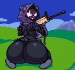 animated anthro big_breasts big_butt biped bouncing_butt breasts butt clothed clothing female fur gun headgear headwear hi_res holding_gun holding_object holding_weapon huge_butt looking_back nebssik outside ranged_weapon raven_team_leader short_playtime smile weapon