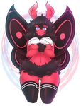  2016 abstract_background antennae anthro arthropod big_breasts black_hair blue_eyes breasts clothing digital_media_(artwork) female hair insect legwear looking_at_viewer looking_down moth navel smile solo stockings thescarletdevil thick_thighs tuft wings 