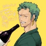  1boy adam&#039;s_apple amane_(yukiango69) black_eyes bottle earrings gold_earrings green_hair green_kimono grin happy_birthday highres holding holding_bottle japanese_clothes jewelry kimono looking_at_viewer male_focus one_eye_closed one_piece roronoa_zoro scar scar_across_eye short_hair sideburns sideburns_stubble signature smile solo upper_body yellow_background 