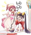  2girls bell black_eyes blowing_whistle blunt_bangs bow chobits covering_own_ears drill_hair drill_ponytail hair_bell hair_ornament japanese_clothes kimono kotoko_(chobits) long_hair mini_person minigirl multiple_girls open_mouth pen pencil pink_shirt puffy_pants puffy_short_sleeves puffy_sleeves red_bow red_eyes shirt short_sleeves sitting standing sumomo_(chobits) thighhighs translation_request twintails very_long_hair wachita_(8t8t) white_kimono white_thighhighs 