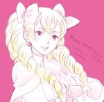  1girl artist_name blonde_hair bow capelet dated drill_hair earrings fire_emblem gloves hair_bow happy_birthday jewelry long_hair looking_at_viewer maribelle_(fire_emblem) miisa multiple_hair_bows open_mouth partially_colored purple_background shirt simple_background sketch smile solo 