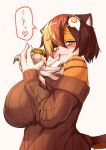 &lt;3 2022 absurd_res anthro big_breasts blush breasts burger calico_cat clothed clothing detailed_food digital_media_(artwork) domestic_cat eating felid feline felis female female_anthro food fur hair half-closed_eyes hi_res holding_burger holding_food holding_object huge_breasts kagarimachi_ame kemono looking_at_viewer mammal multicolored_body multicolored_fur multicolored_hair narrowed_eyes nekotsuki_kohime shoulderless_shirt shoulderless_sweater solo sweater topwear