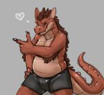 anthro arm_tuft belly belly_scales black_bottomwear black_boxers black_clothing black_underwear bottomwear boxers_(clothing) boxers_only brown_body brown_hair brown_scales bulge claws clothed clothing countershade_face countershade_scales countershade_tail countershade_torso countershading dragon elbow_tuft gesture grey_background hair hand_on_hip heart_reaction male mintyderg one_eye_closed overweight overweight_anthro overweight_male pointing portrait scales scalie simple_background snout solo standing tail tan_body tan_countershading tan_scales teeth three-quarter_portrait topless tuft underwear underwear_only wink yellow_sclera